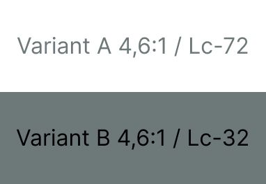 Illustrasjonen viser to eksempler (A og B) med 16px stor tekst i normal vekt, begge variantene har 4,6 til 1 i kontrast.