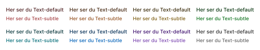 Screenshot of Figma showing how Text-default and Text-subtle look for 8 different color scales generated with the Theme Builder.