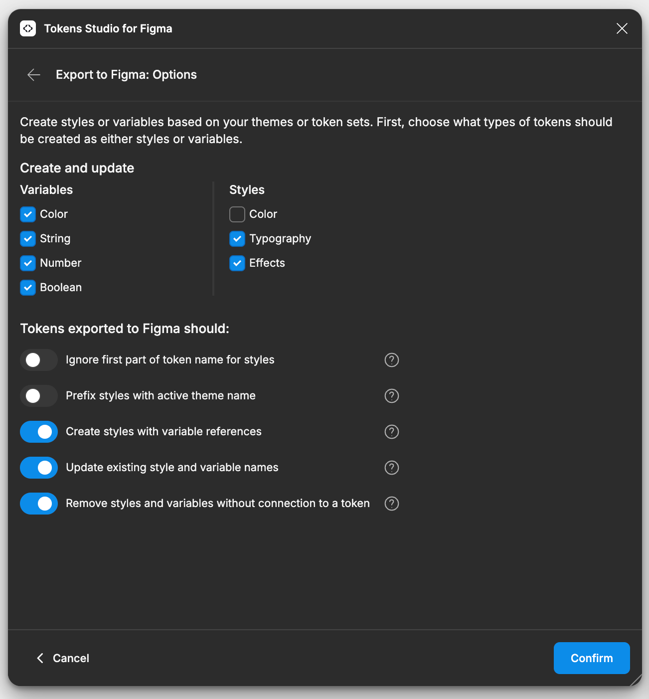 Skjermbilde som viser valgte innstillinger i Tokens Studio. Under variabler er alt slått på. Under styles er color slått av. Under export er "Ignore first part of token name for styles" og "Prefix styles with active theme name" slått av